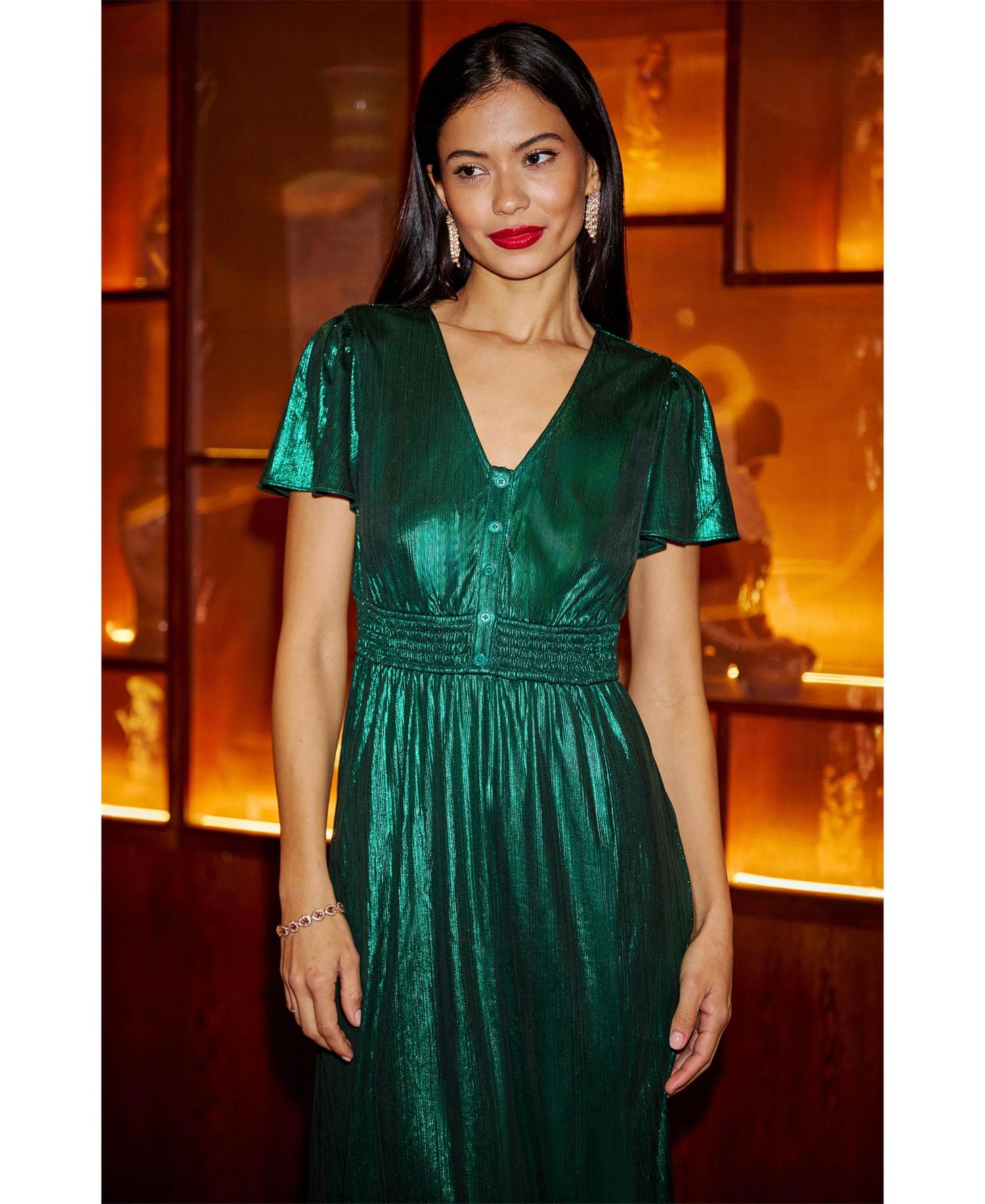 Women's Metallic Ruched Midi Dress