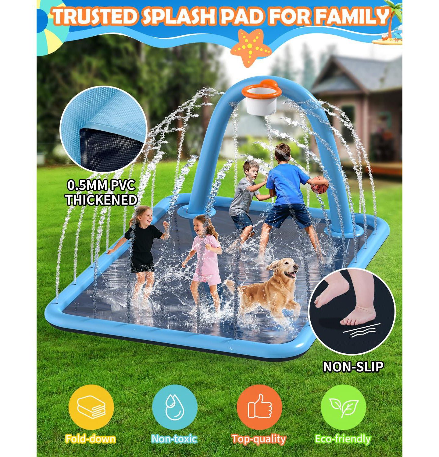 Детская игрушка GNUADZ Splash Pad with Basketball Hoop 102"L Non-Slip PVC 3-in-1 Water Play, Ages 4+ — фото 2