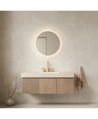 Wall Mounted Bathroom Vanity, Travertine Pattern Sintered Stone Top, 3-Hole Ceramic Sink, Soft Close Cabinet, Pre-assembled