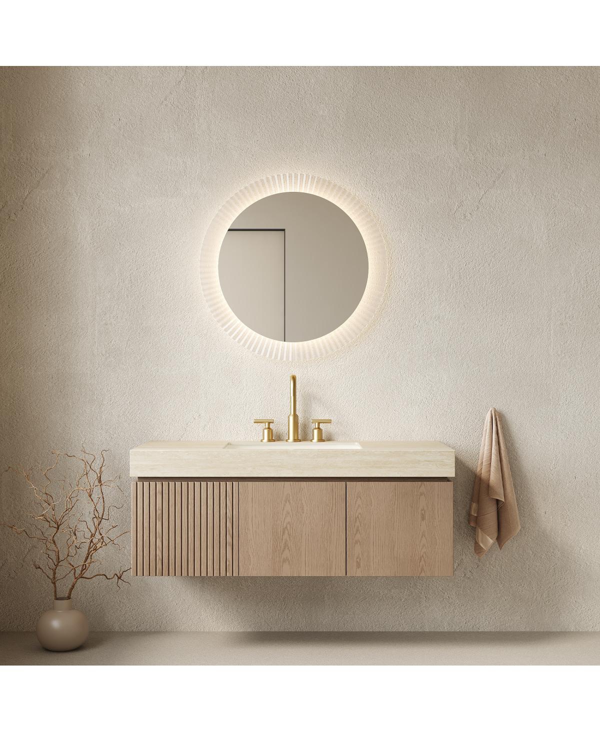 Sillysis Wall Mounted Bathroom Vanity, Travertine Pattern Sintered Stone Top, 3-Hole Ceramic Sink, Soft Close Cabinet
