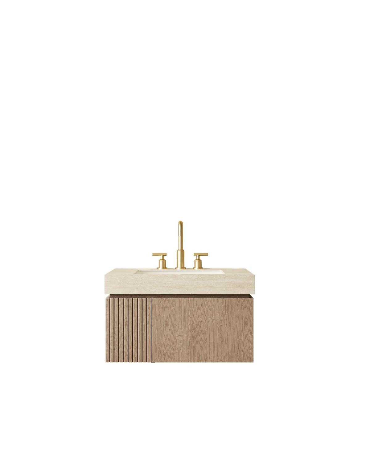 Sillysis Wall Mounted Bathroom Vanity, Travertine Pattern Sintered Stone Top, 3-Hole Ceramic Sink, Soft Close Cabinet