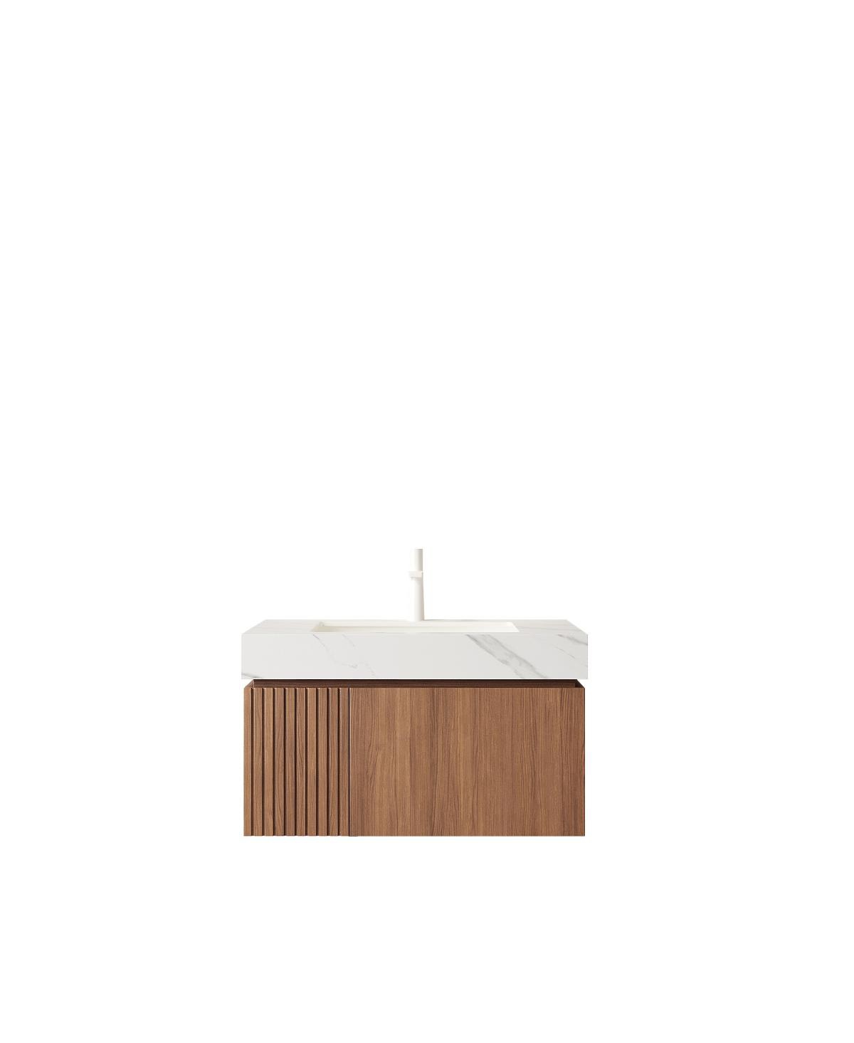 Sillysis Wall Mounted Bathroom Vanity, Carrara Sintered Stone Top, Undermount Ceramic Sink, Soft Close Door