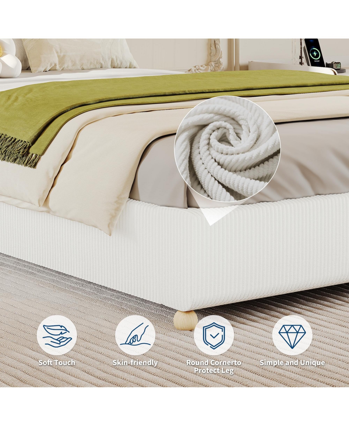 homfan Upholstered Low Platform Bed Frame with Round Wood Legs, No Headboard, Slat Support