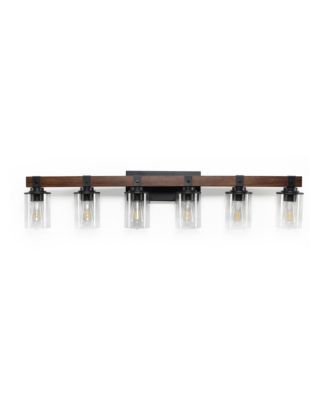 42 Inch Rustic 6 Light Vanity Light Industrial Bathroom Wall Sconce with Glass Shades Wood Accent Modern Farmhouse Lighting Fixture No Bulbs