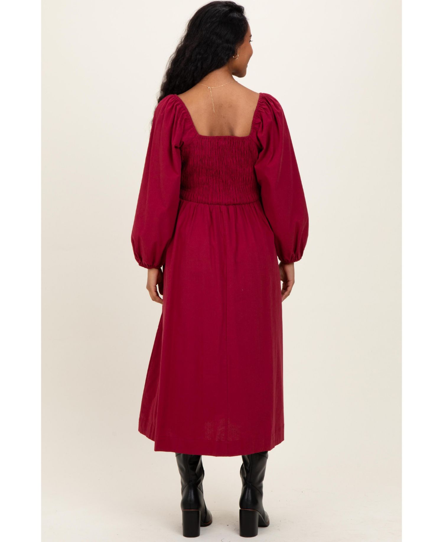 Women's Burgundy Bow Detail Smocked Midi Dress