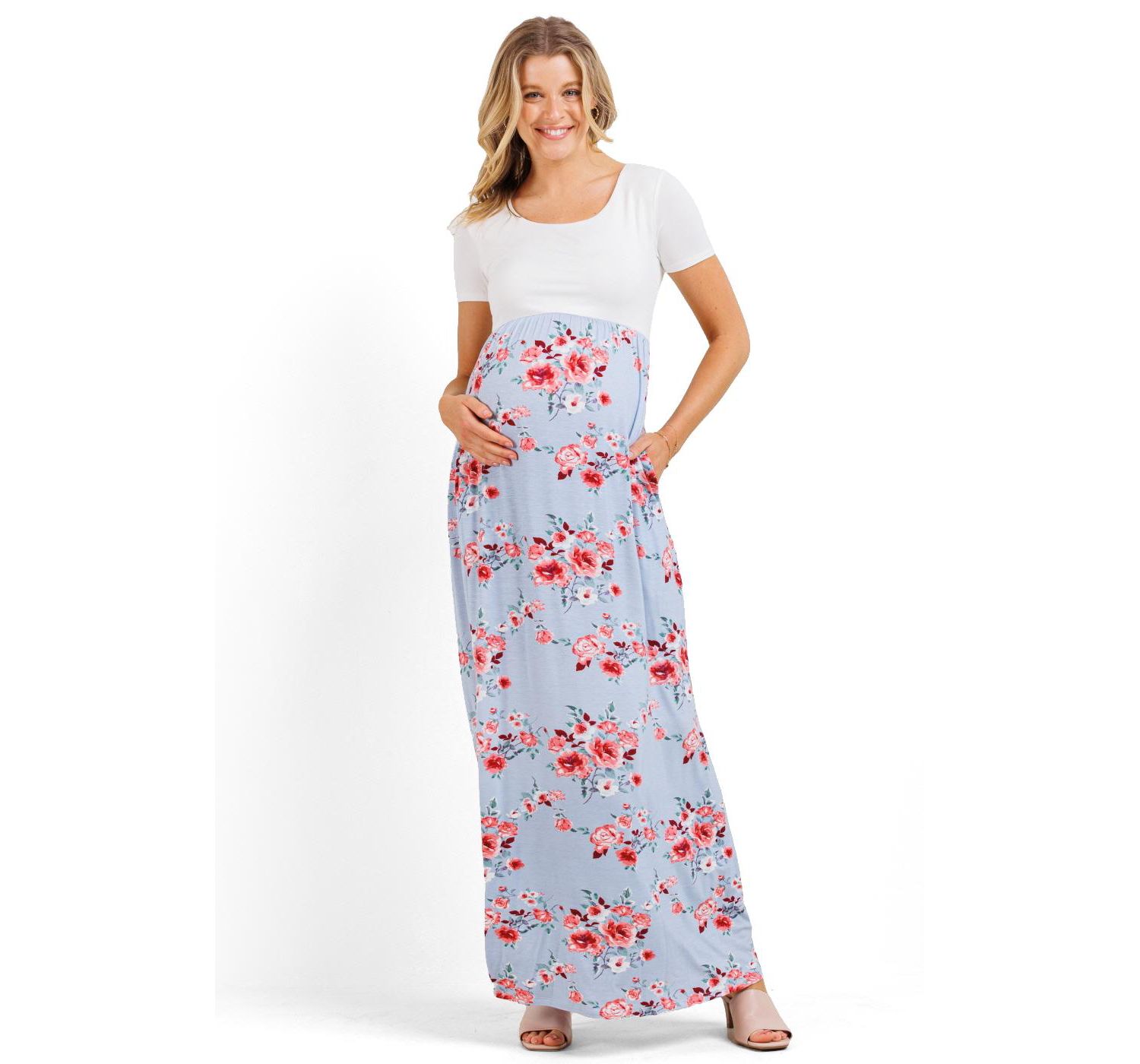 Women's Floral Empire Waist Maxi Dress with Pockets