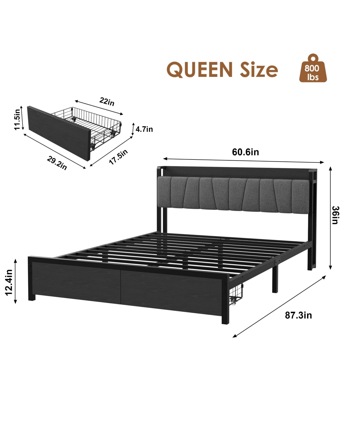 homfan Bed Frame with Storage Headboard, Platform Bed with Large Drawer and Charging Station