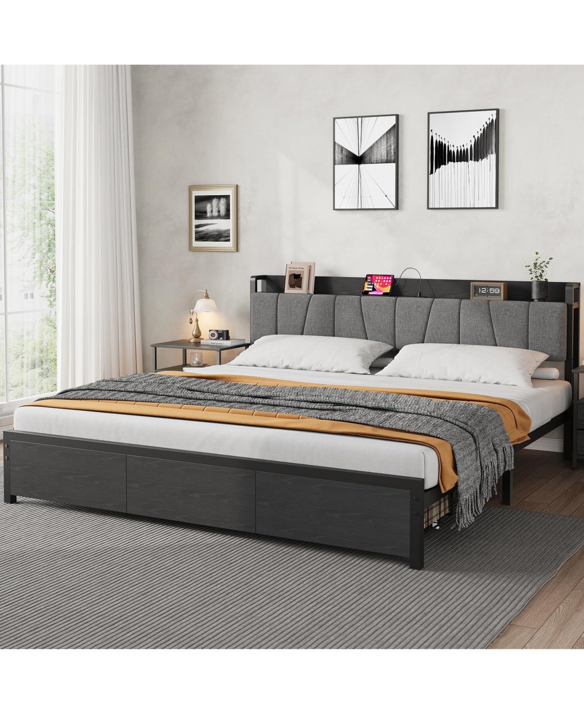 homfan Bed Frame with Storage Headboard, Platform Bed with Large Drawer and Charging Station