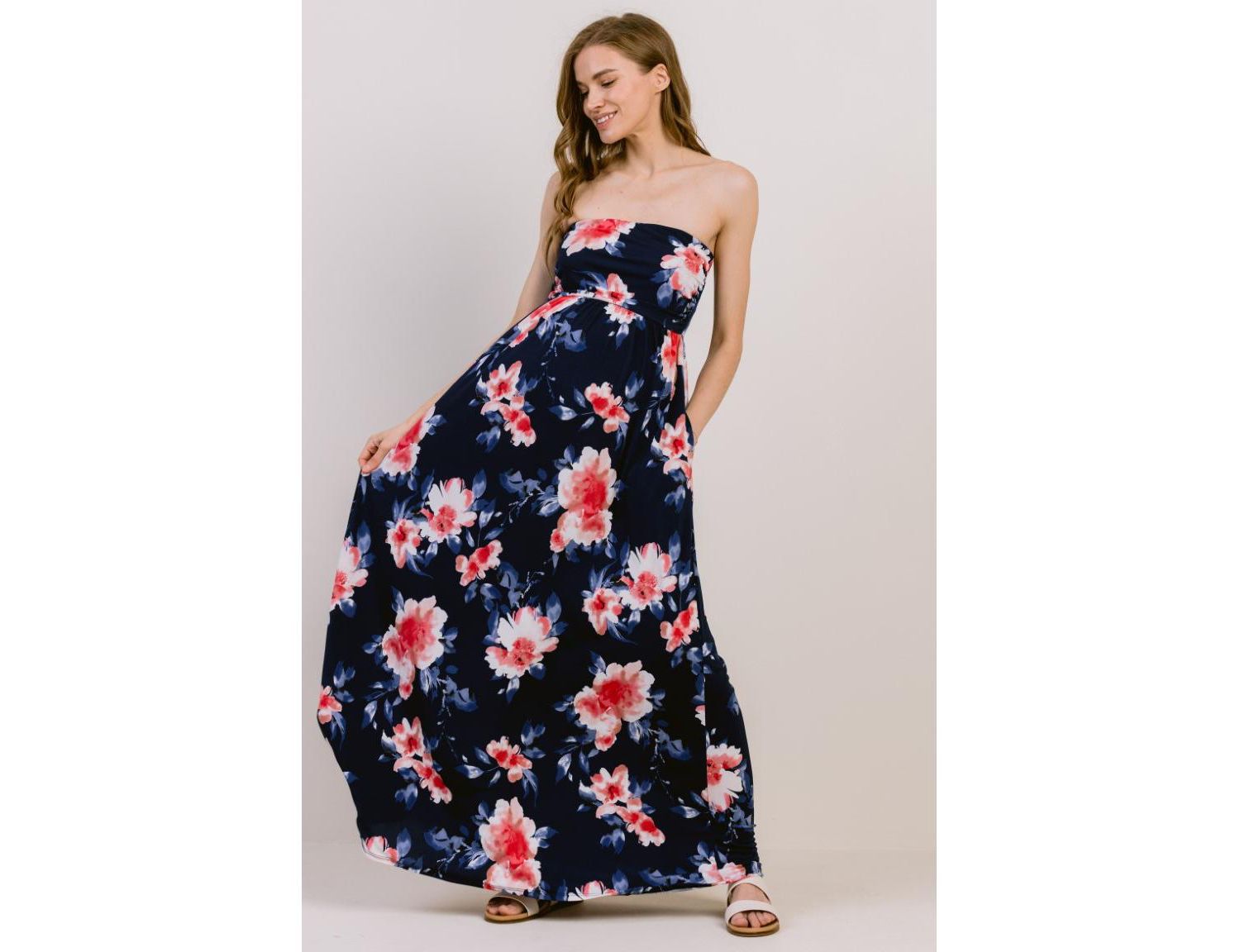 Women's Strapless Empire Waist Floral Maxi Dress with Side Pockets