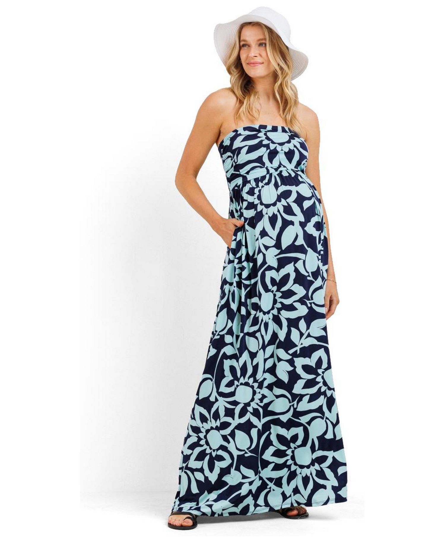 Women's Floral Strapless Empire Waist Maxi Dress with Side Pockets
