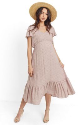 Maternity Flutter Sleeve V-Neck Empire Waist Midi Dress