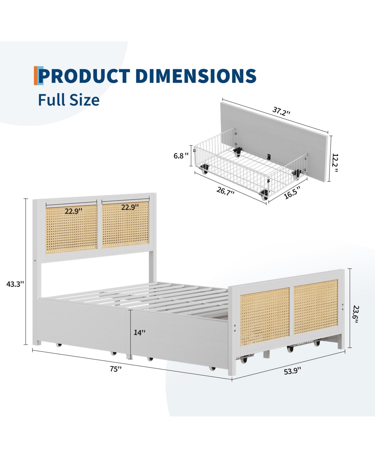 homfan Rattan Platform Bed Frame with Led Headboard and 4 Drawers
