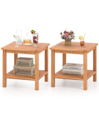 Outdoor Side Table Set of 2 Acacia Wood with Storage Shelf
