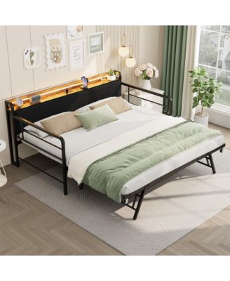 Twin Daybed with Pop-Up Trundle, LED Lights, Charging Station and Corduroy Storage Headboard, Metal Frame