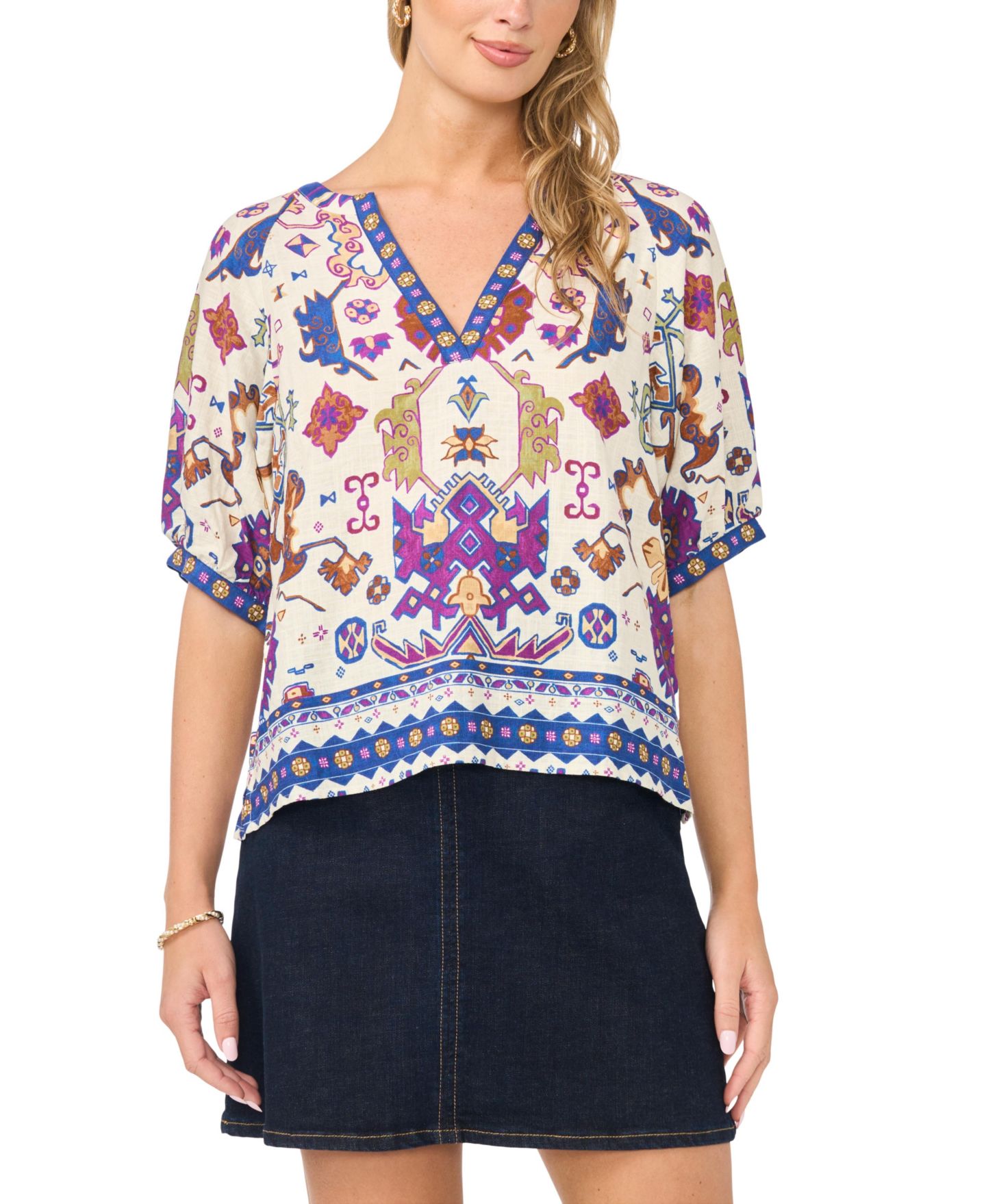 Женская блузка Vince Camuto Split Neck Puff-Sleeve Printed, цвет: Слоновая кость — фото 1
