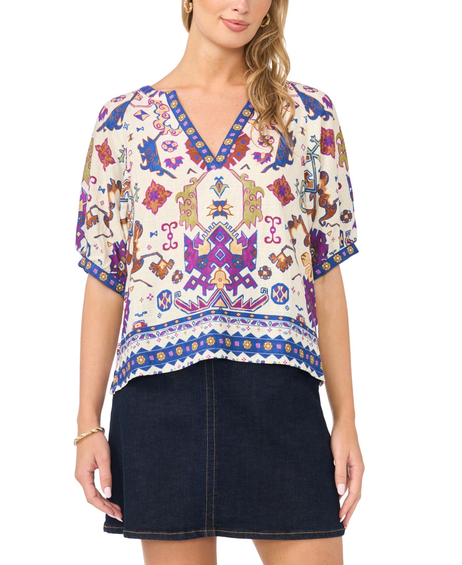 Women's Split Neck Puff-Sleeve Printed Blouse