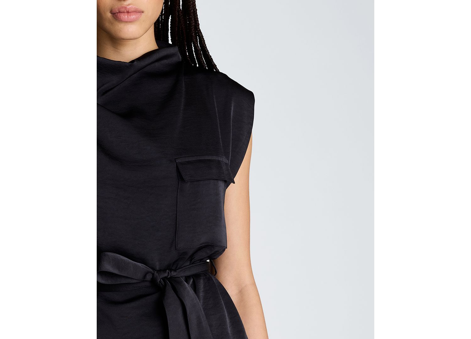Women's Satin High Cowl Neck Tie Front Blouse with Chest Pockets