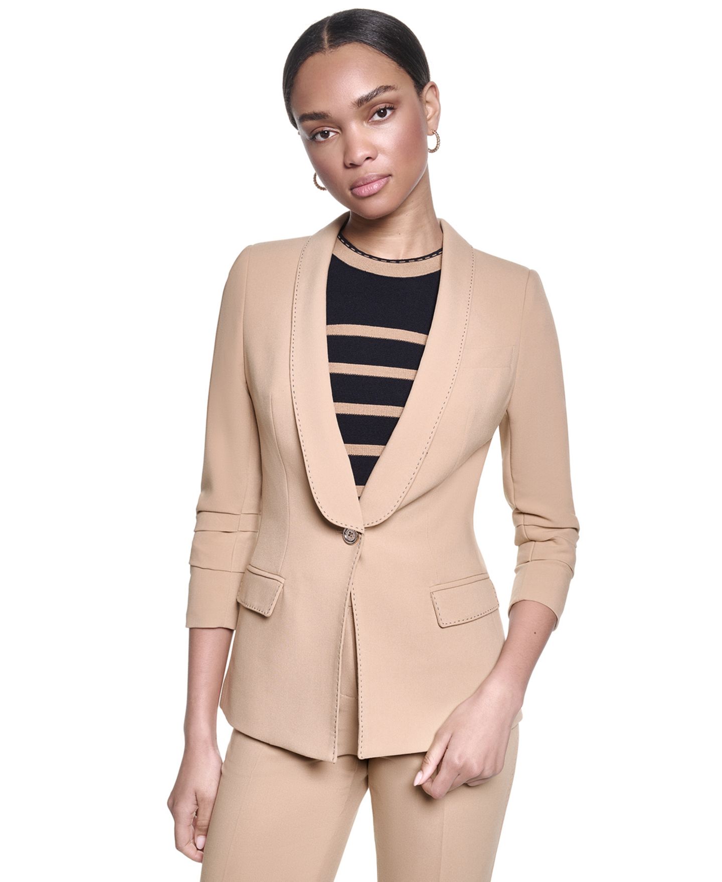 Женский пиджак KARL LAGERFELD PARIS 3/4-Sleeve Shoulder Padded One-Button Blazer, цвет: Полуночный тёмно-синий — фото 1