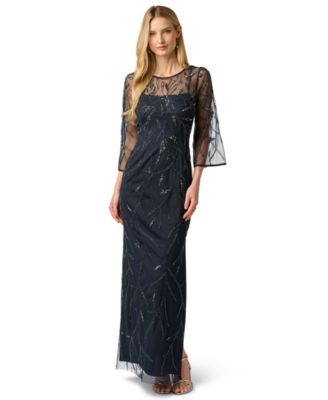 Women's Bead Mesh Illusion Boat Neck Gown