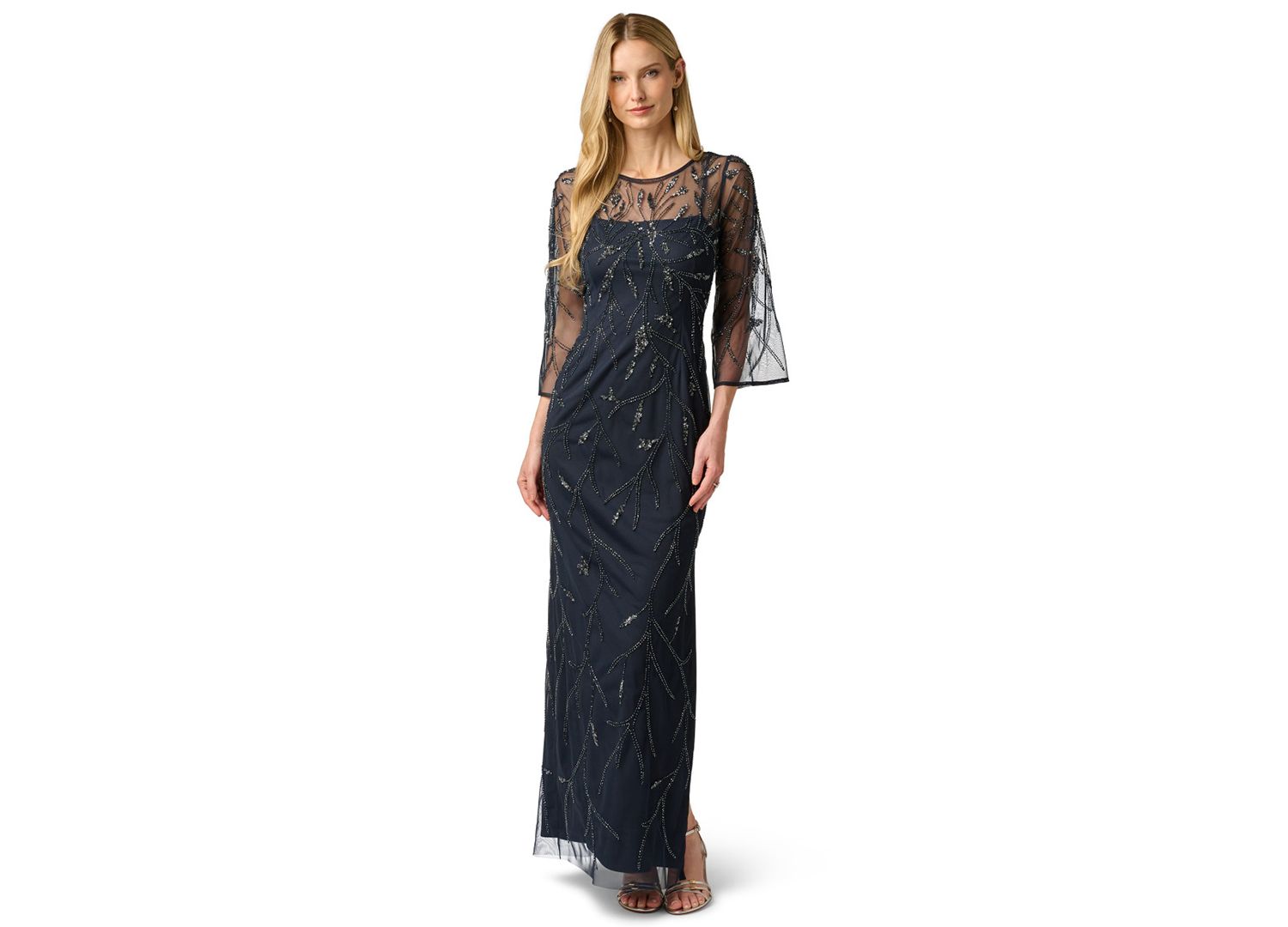 Women's Bead Mesh Illusion Boat Neck Gown