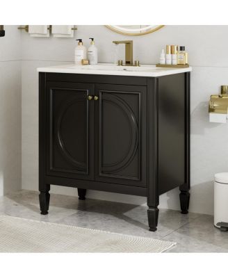  Vintage Vanity With Ceramic Sink, Rubber Wood MDF Cabinet, Soft-Close Hinges 2 Doors Shelf Drawer