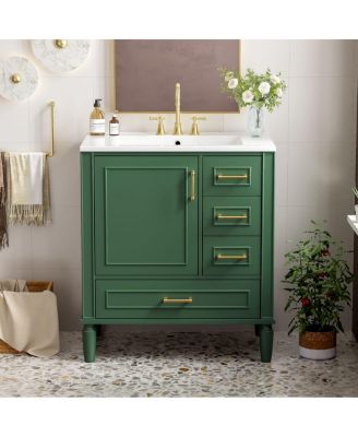   Transitional  Vanity Set With Ceramic Sink, 3 Drawers Soft-Close Door, Long Gold Handles Overflow