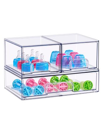 3 Piece Clear Stackable Pull-Out Storage Organizer Bins for Baby Bottles, Bathroom, Kitchen and More