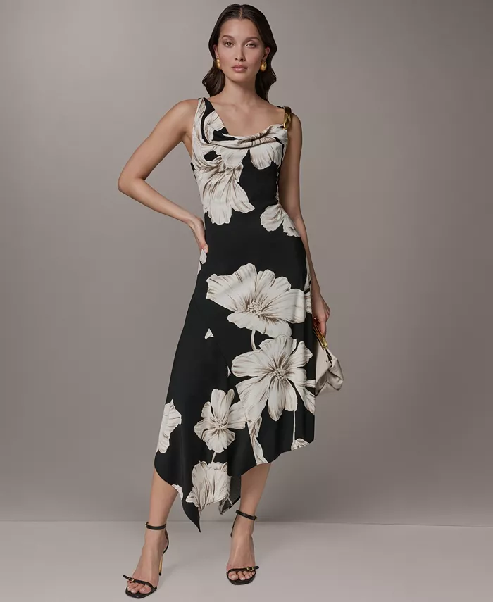 Women's Sleeveless Floral Cowl Neck Asymmetrical Midi Dress