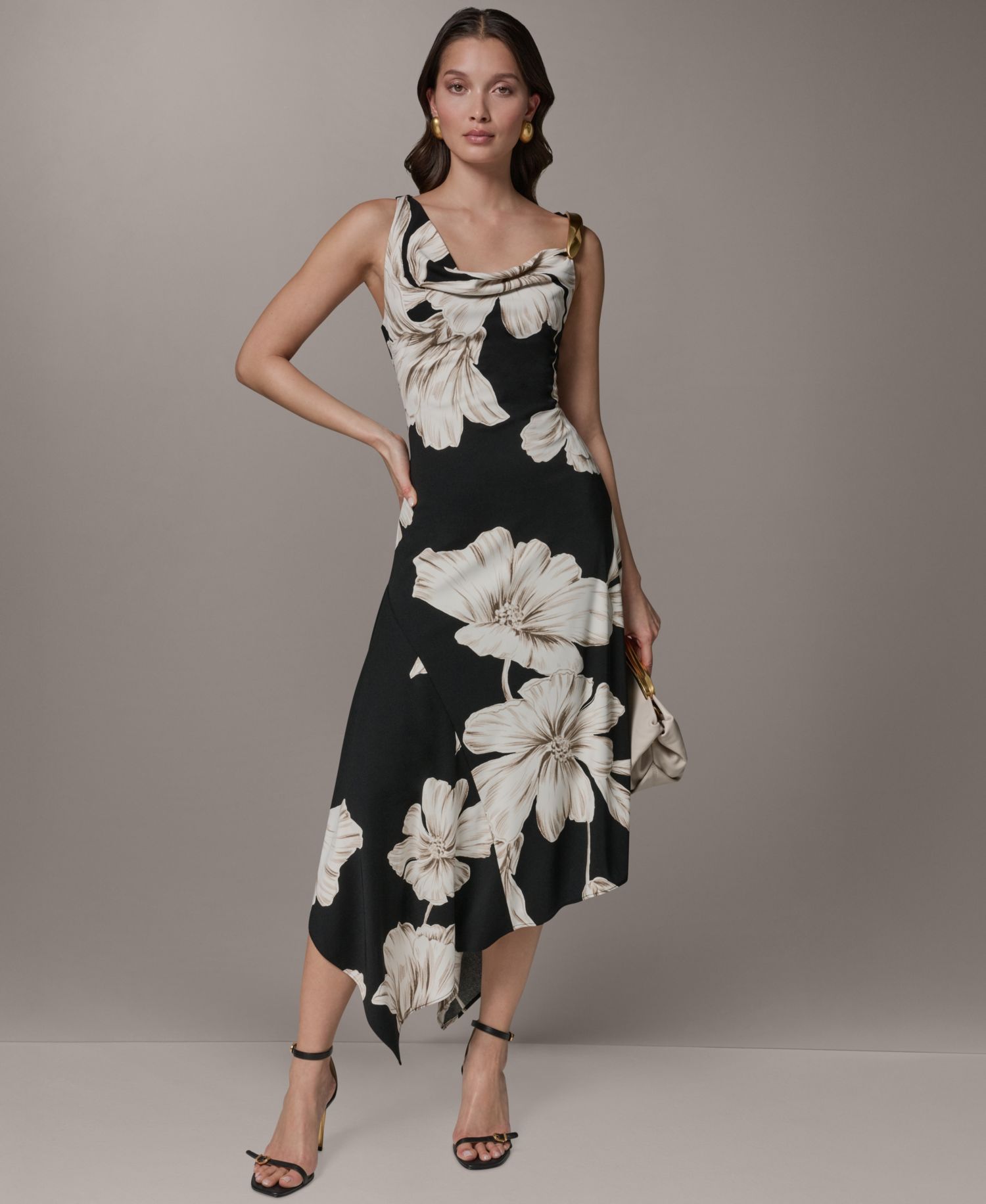 Women's Sleeveless Floral Cowl Neck Asymmetrical Midi Dress
