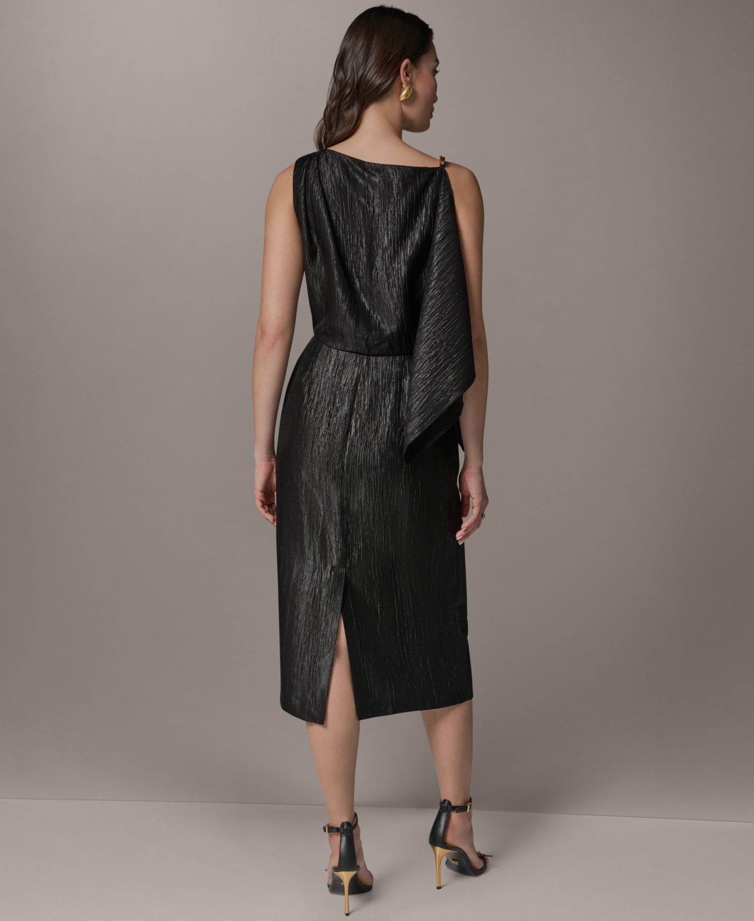 Women's Crinkle Satin Square Neck Midi Sheath Dress