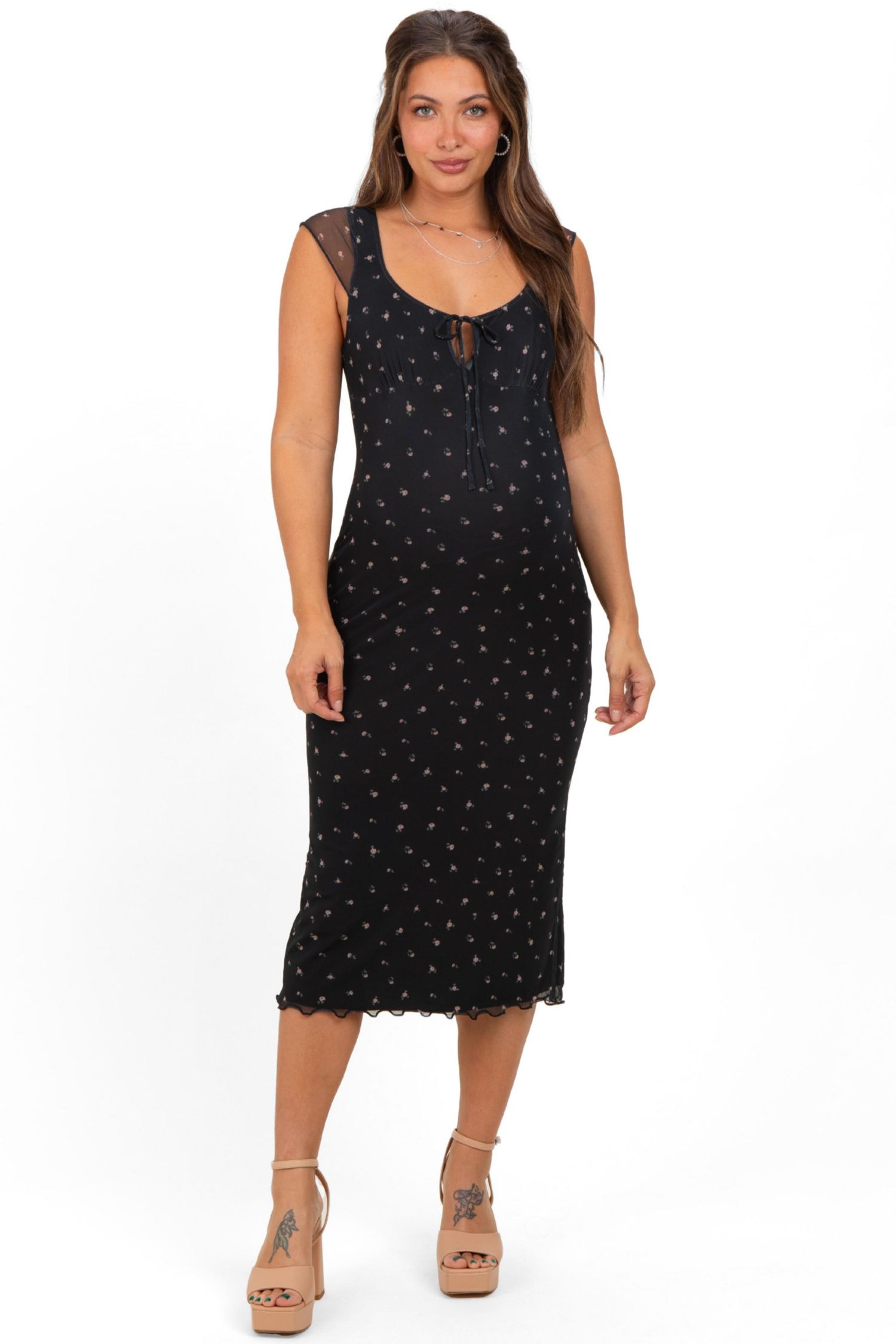 Women's Black Floral Mesh Front Tie Cutout Midi Dress