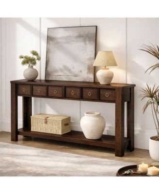 Console Table with 2 Drawers and Open Shelf, Farmhouse Entryway Sofa Table for Hallway, Living Room, or Behind Couch