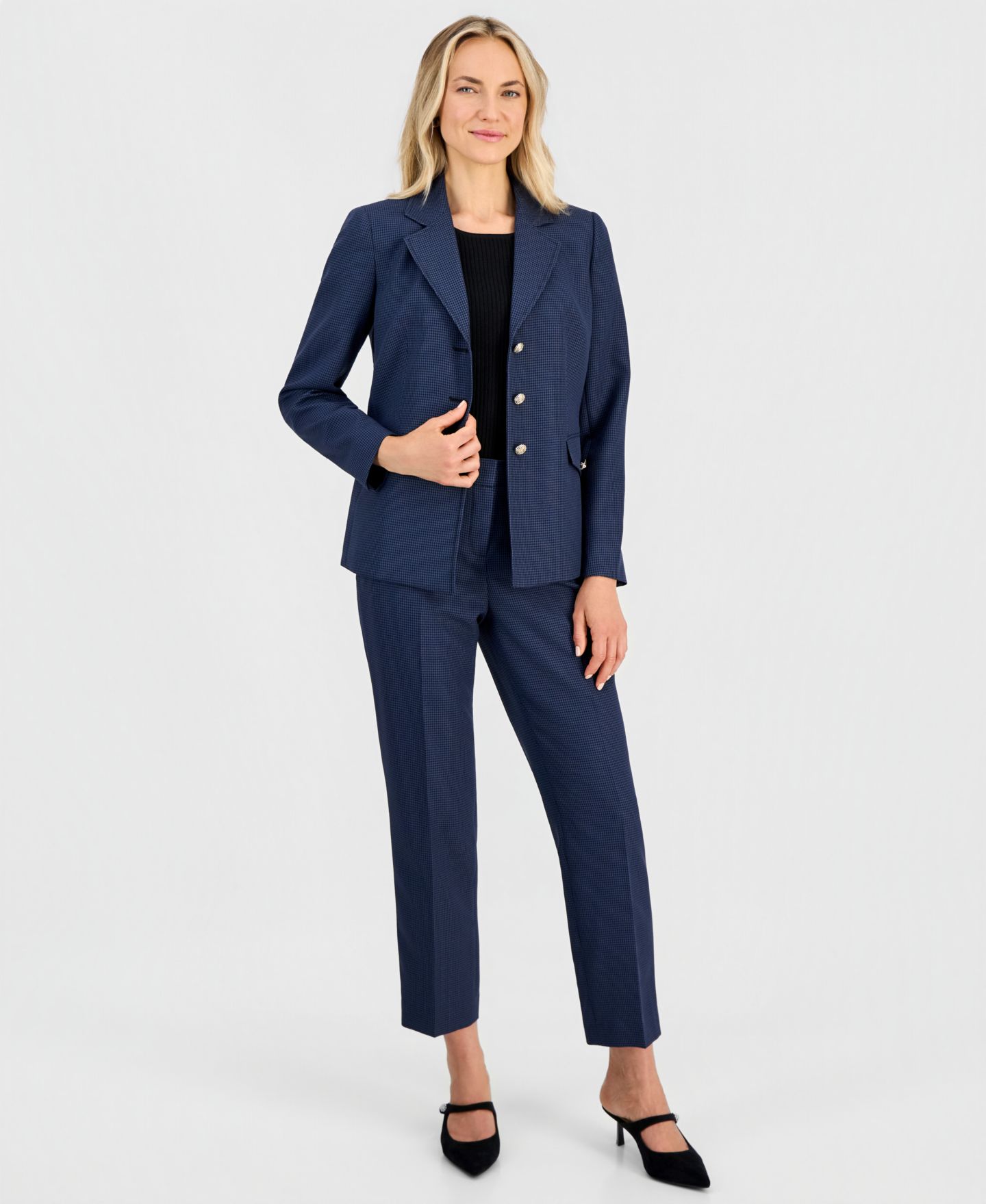 Женский пиджак Kasper Petite Mini-Check-Print Long-Sleeve Blazer, цвет: Синий ночной / Чёрный — фото 6