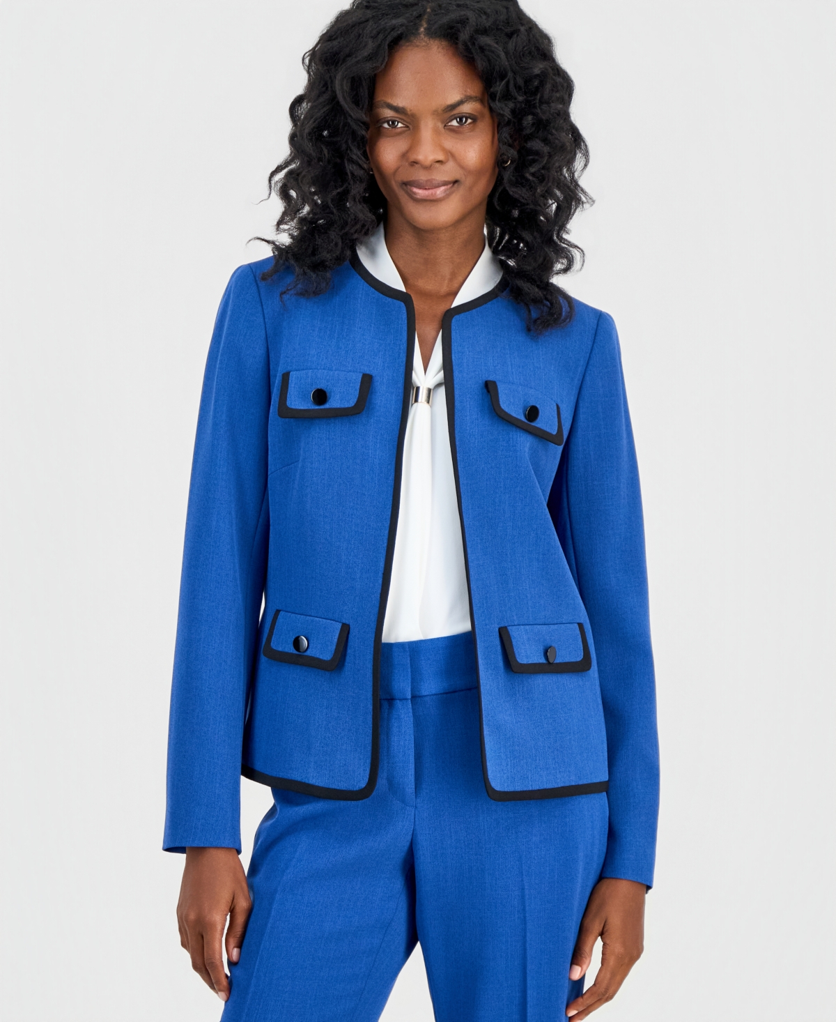 Kasper Petite Collarless Contrast-piping Jacket In Blue Night,black