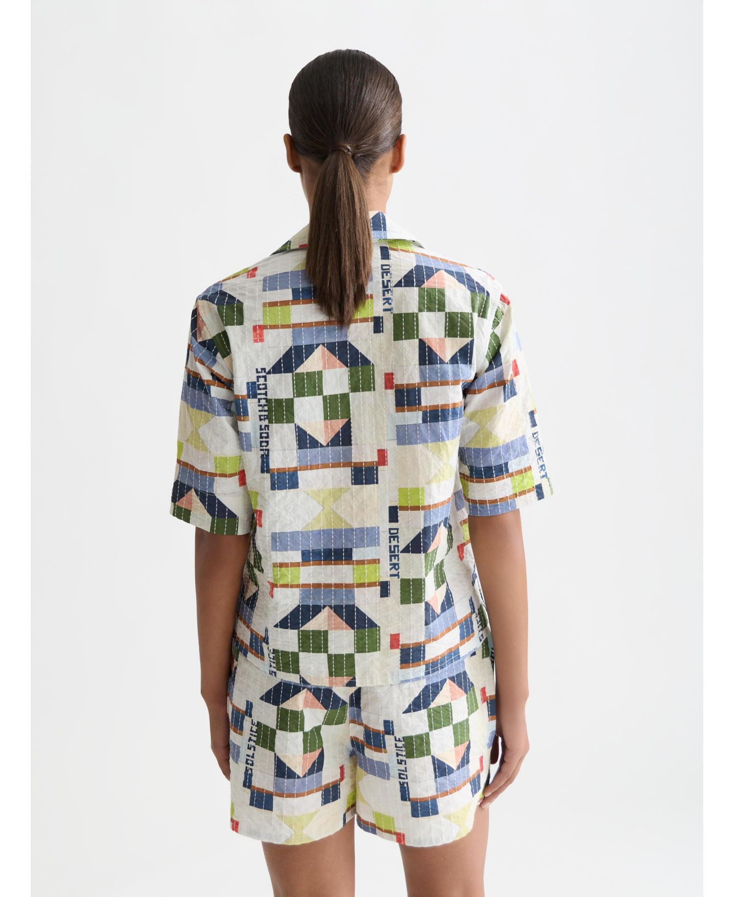 Women's Stitch-Embroidered Printed Short Sleeve Shirt