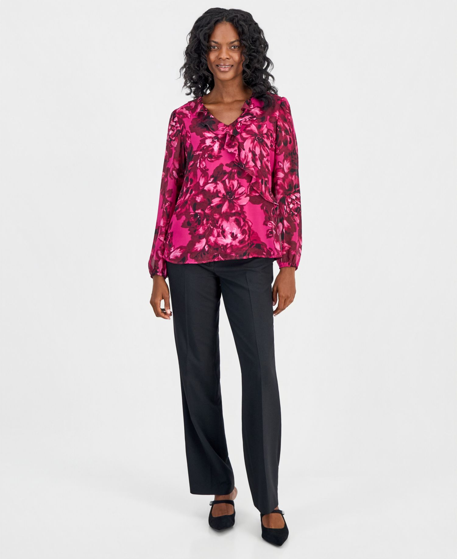 Women's Asymmetric Ruffle-Front Long-Sleeve Blouse