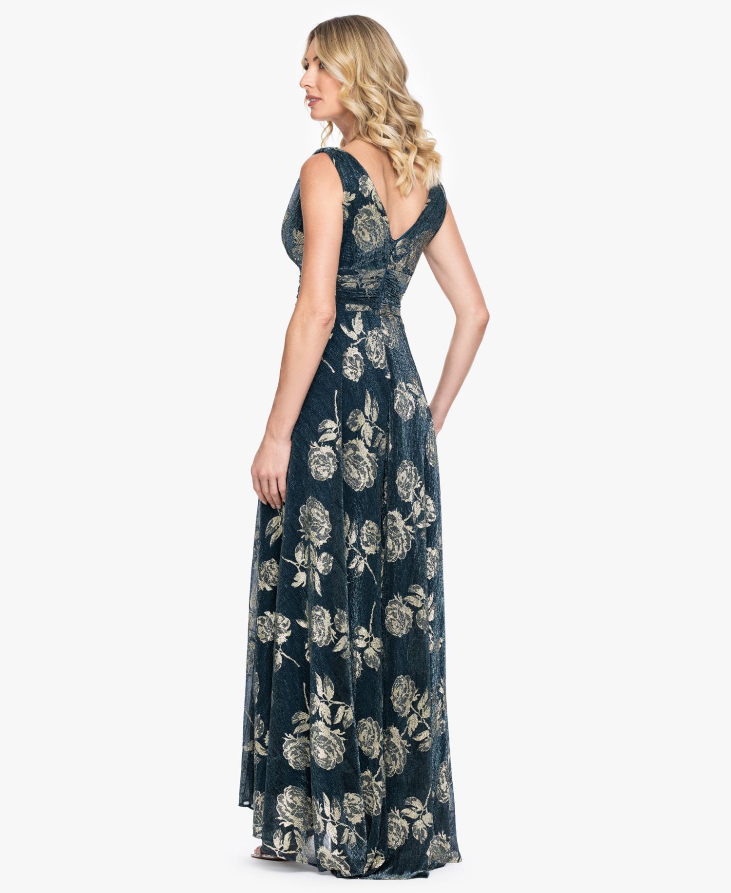 Women's Sleeveless V-Neck Metallic Floral Gown