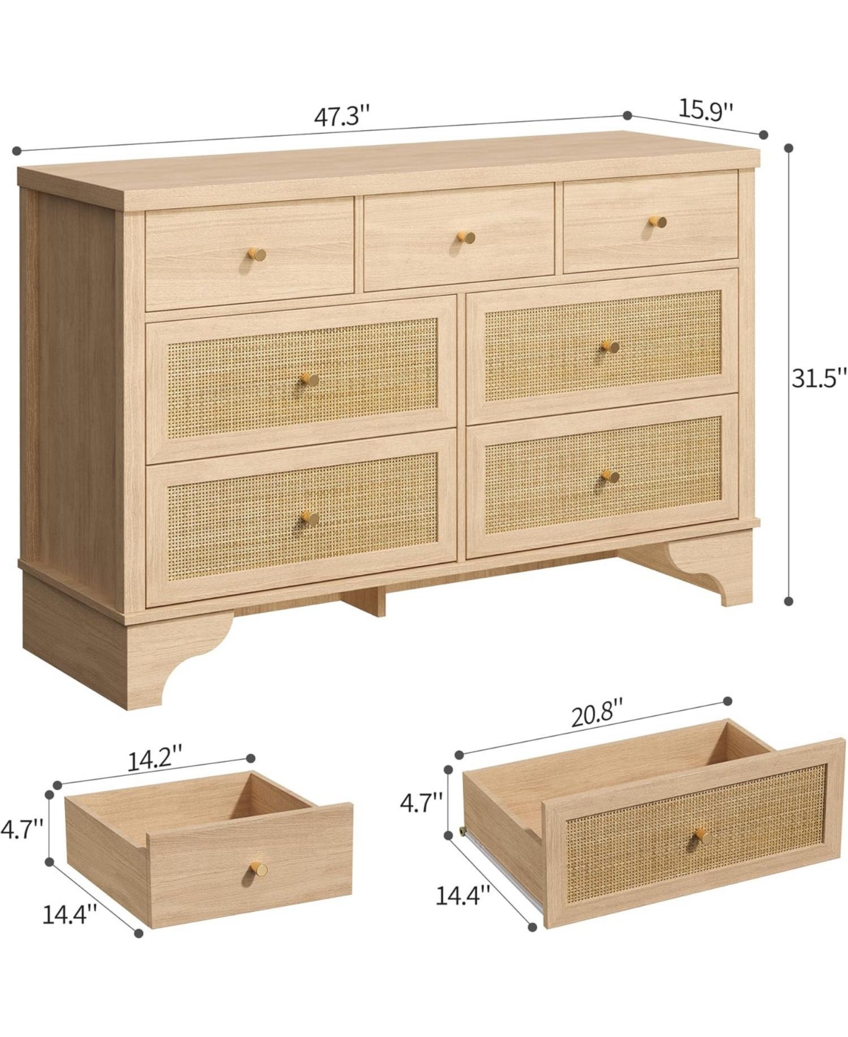 gaomon Spacious 7 Drawer Dresser, Mid-Century Wooden Storage Chest with Rattan Panels