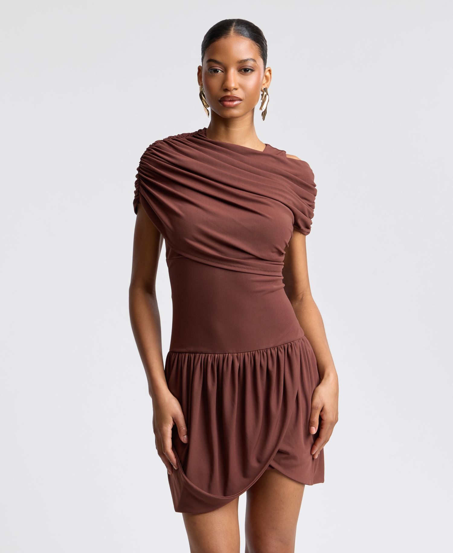 Women's Draped Mesh One Shoulder Mini Dress