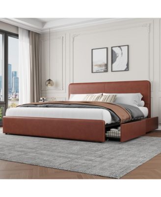 Upholstered Platform Bed Frame with Headboard and 2 Storage Drawers, Wood Slat Support, No Box Spring Needed