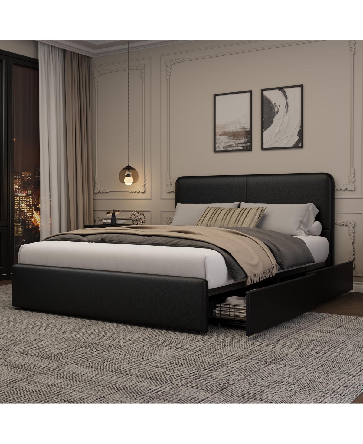 homfan Upholstered Platform Bed Frame with Headboard and 2 Storage Drawers, Wood Slat Support