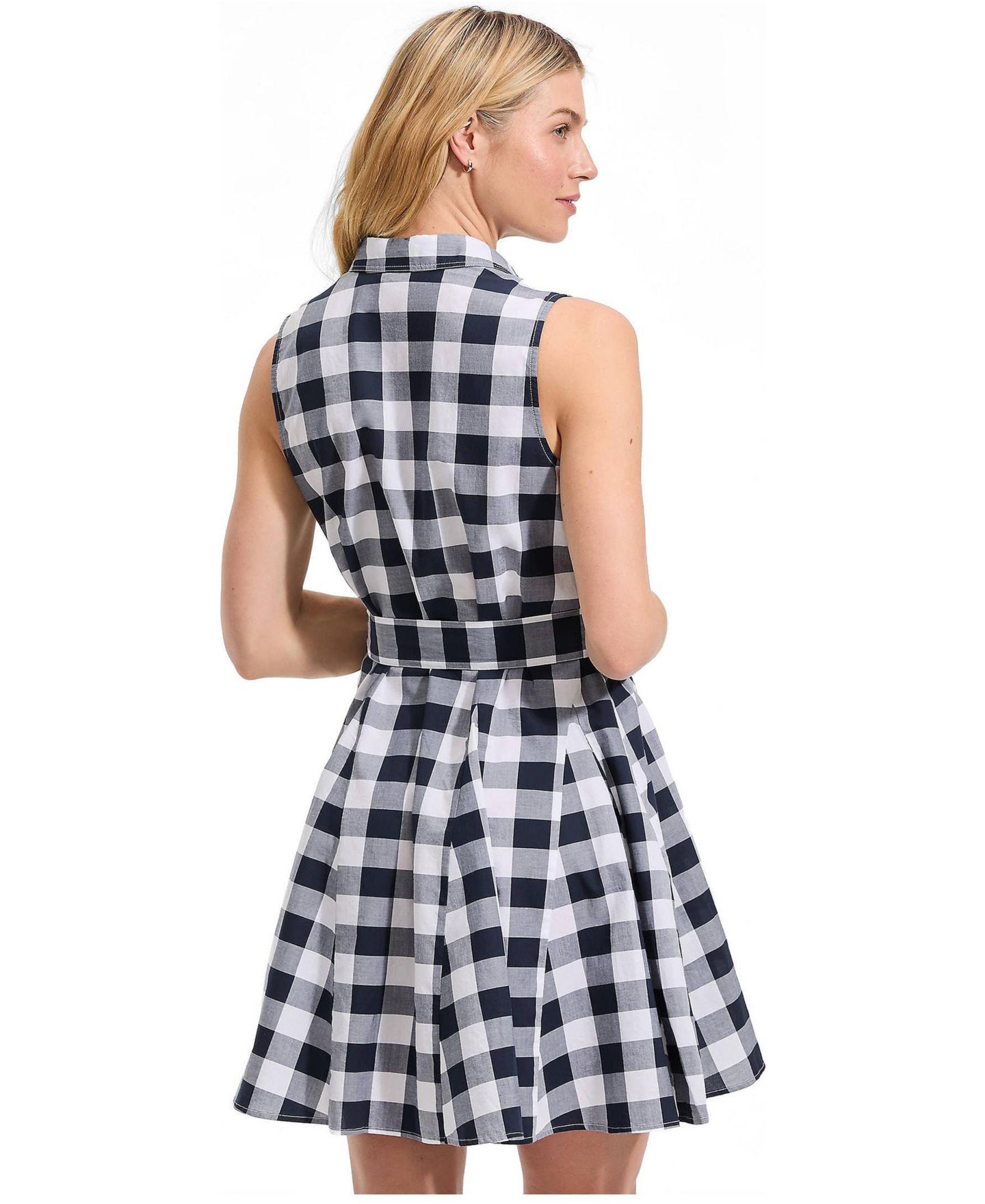 Женское платье Lands' End Poplin Button Front with Godets, цвет: Тёмно-синий в мелкую клетку — фото 2