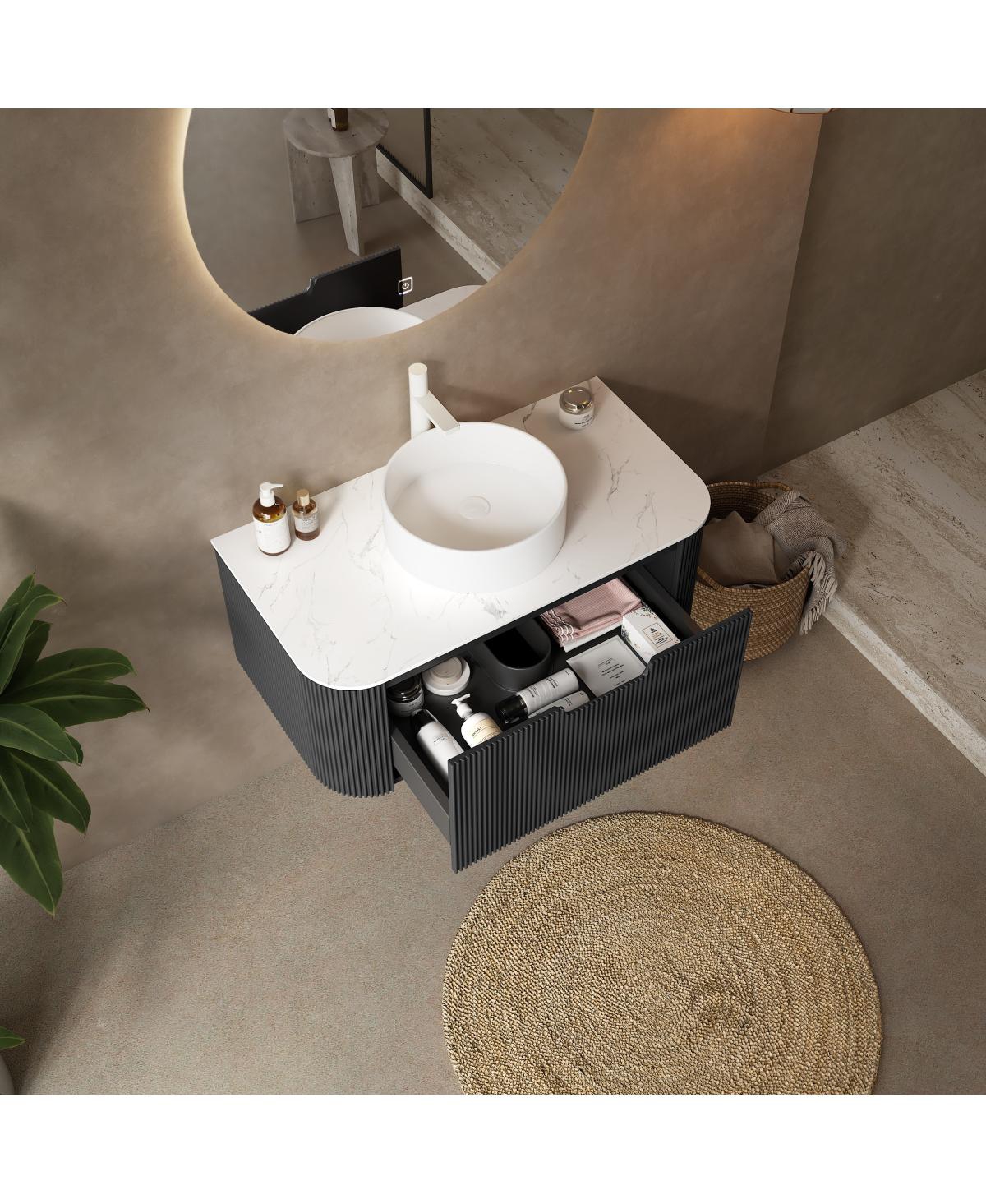 Sillysis Wall Mounted Bathroom Vanity with Sintered Stone Top, Round Ceramic Sink, Black Striped Drawer