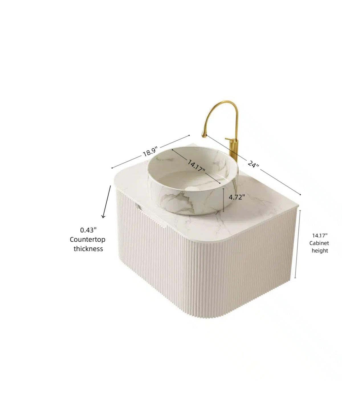 Sillysis Wall Mounted Bathroom Vanity with White Sintered Stone Top, Round Ceramic Bowl Sink