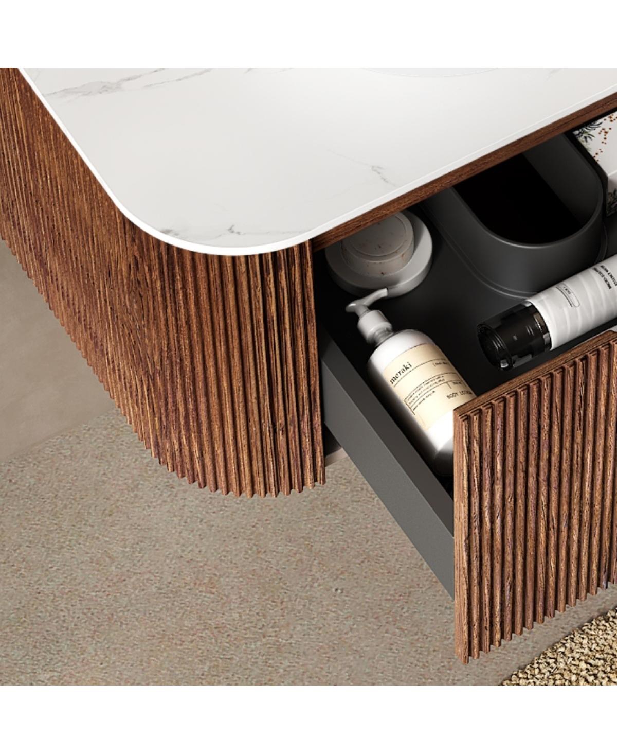 Sillysis Wall Mounted Bathroom Vanity with Artificial Marble Top, Round Ceramic Sink, Walnut Striped Drawer