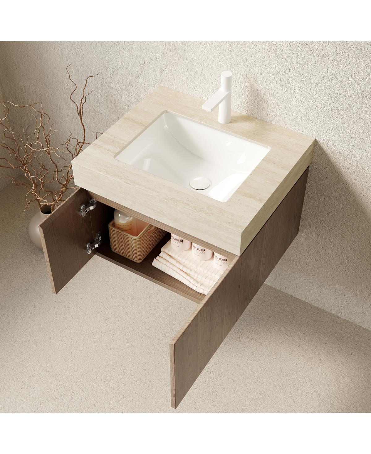 Sillysis Wall Mount Bathroom Vanity with Travertine Sintered Stone Top, Ceramic Undermount Sink, Soft Close Cabinet