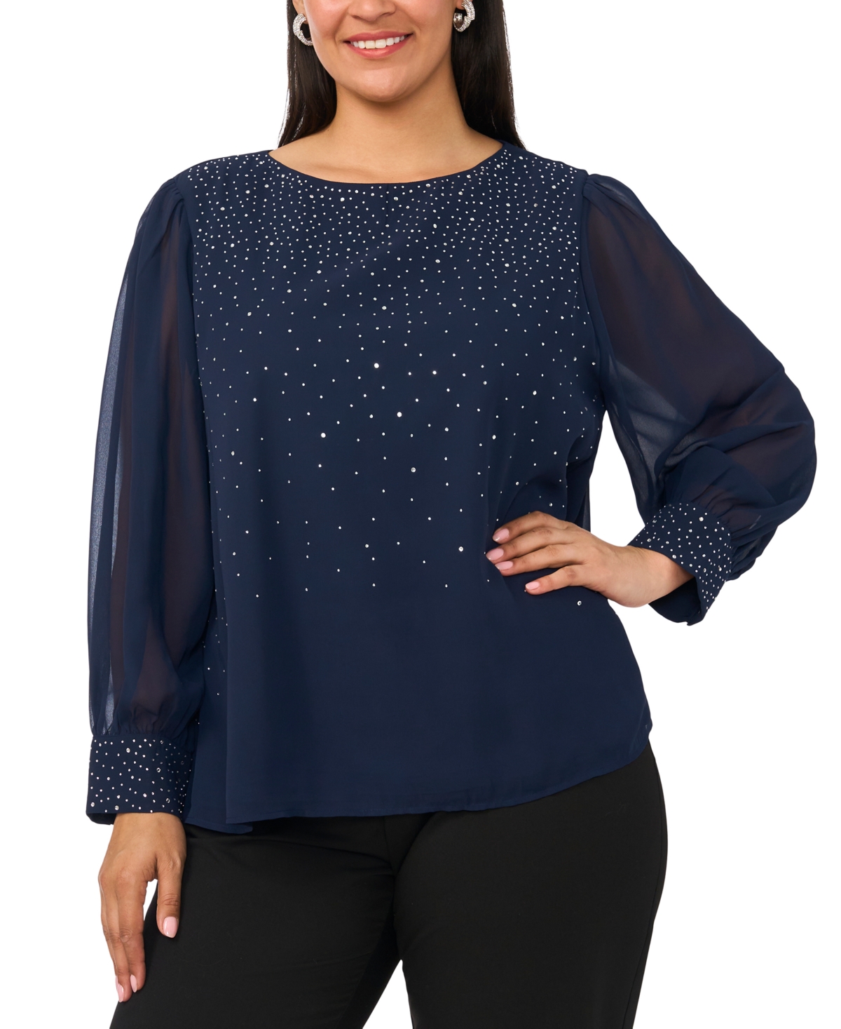 Msk Plus Size Rhinestone Embellished Balloon Sleeves Top
