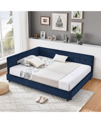 Full Size Daybed with Trundle Drawer - Velvet Upholstered Bed Frame with Comfortable Backrest and Armrests