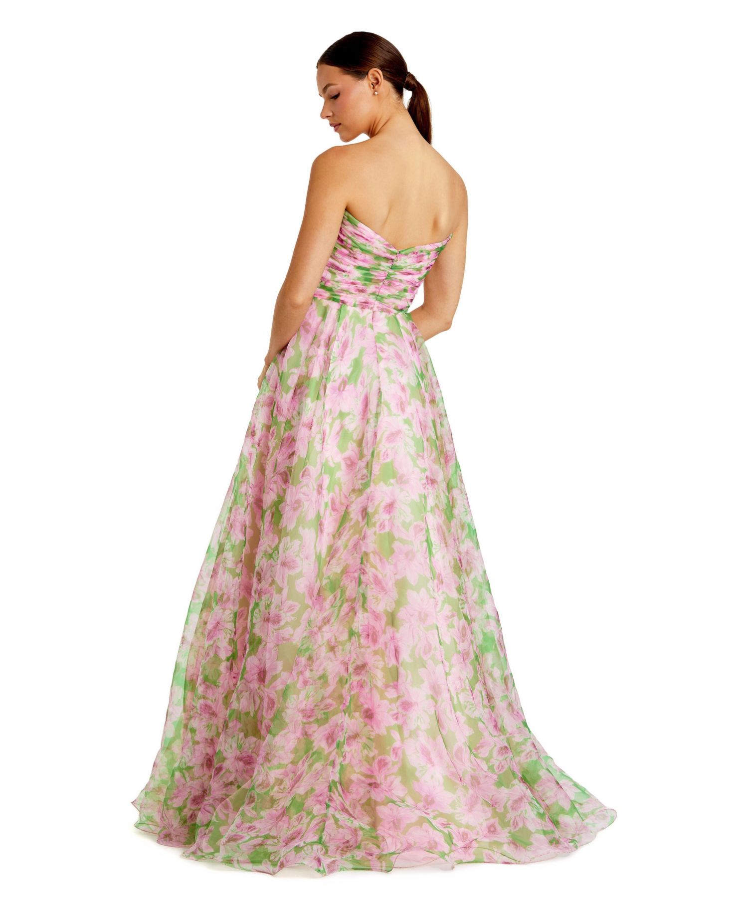 Women's Strapless Floral Chiffon Gown with Ruched Detail