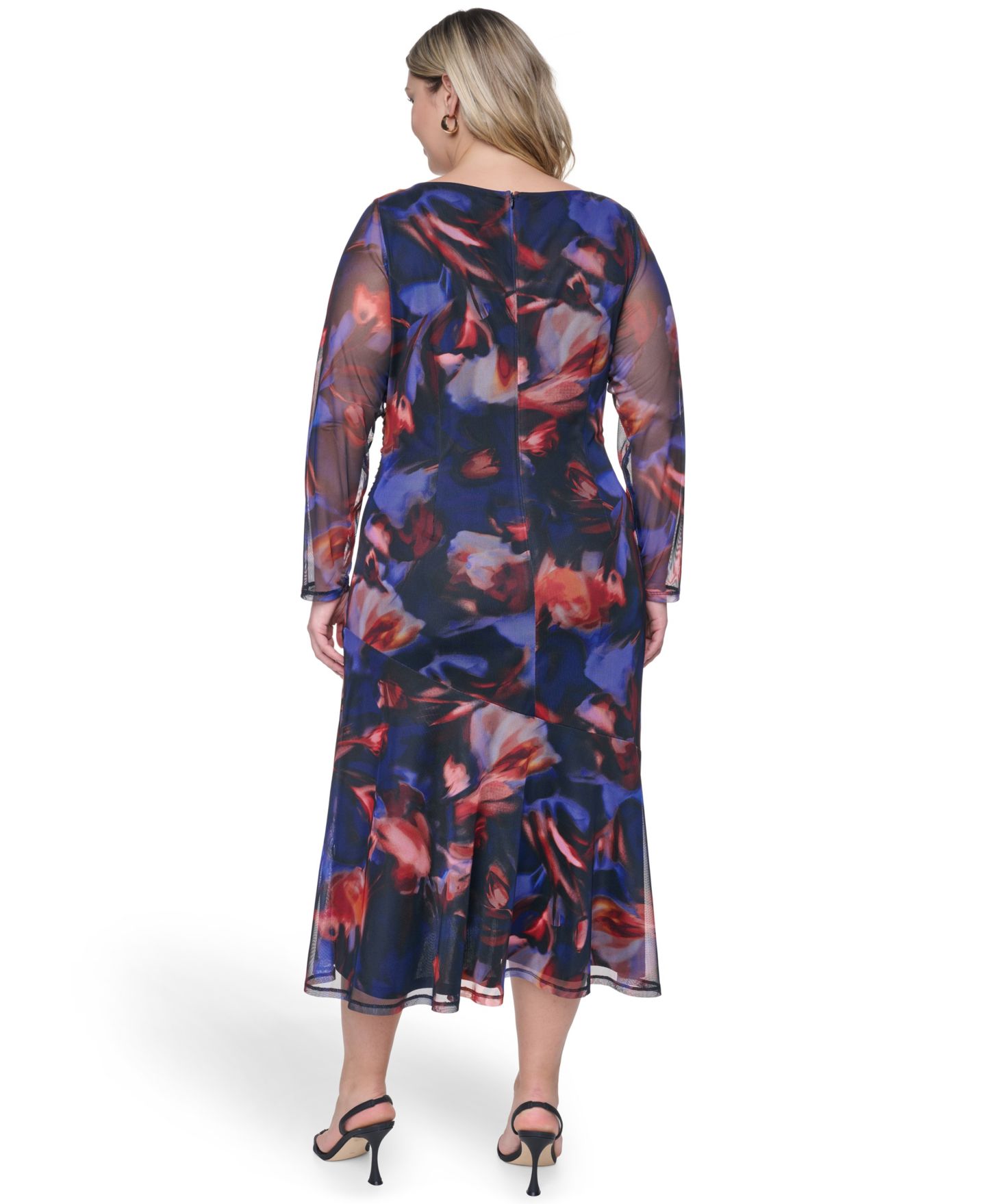 Женское платье Vince Camuto Plus Size Printed Side Ruched Mesh Midi, цвет: Bbr — фото 5